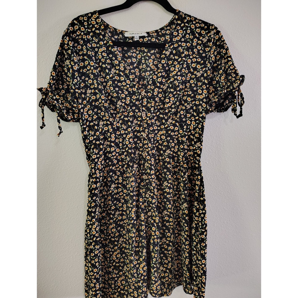 Purple Snow Black Floral Daisy Button Front Mini Dress Large Tie Sleeve